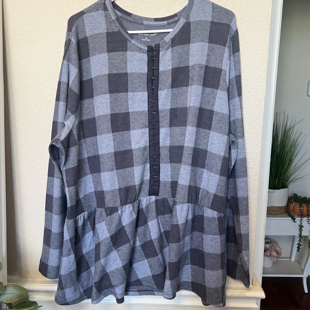 Soft Surroundings Peri Plaid Pullover Top Missy 2X Blue Gray Flannel